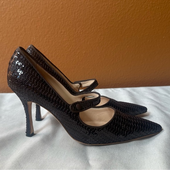 Manolo Blahnik Brown “Campari” Sequin Mary Jane Heels Size 40 Amazing Condition! - Picture 7 of 15